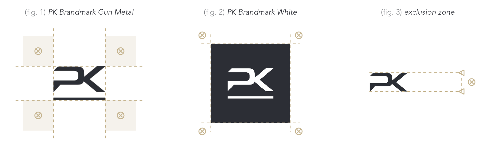 fig. 1 PK Brandmark Gun Metal · fig. 2 PK Brandmark White · fig. 3 exclusion zone