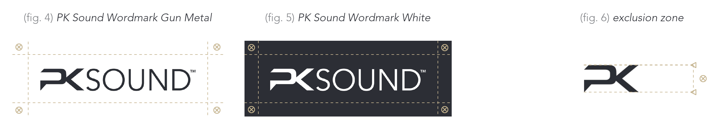 fig. 4 PK Sound Wordmark Gun Metal · fig. 5 PK Sound Wordmark White · fig. 6 exclusion zone